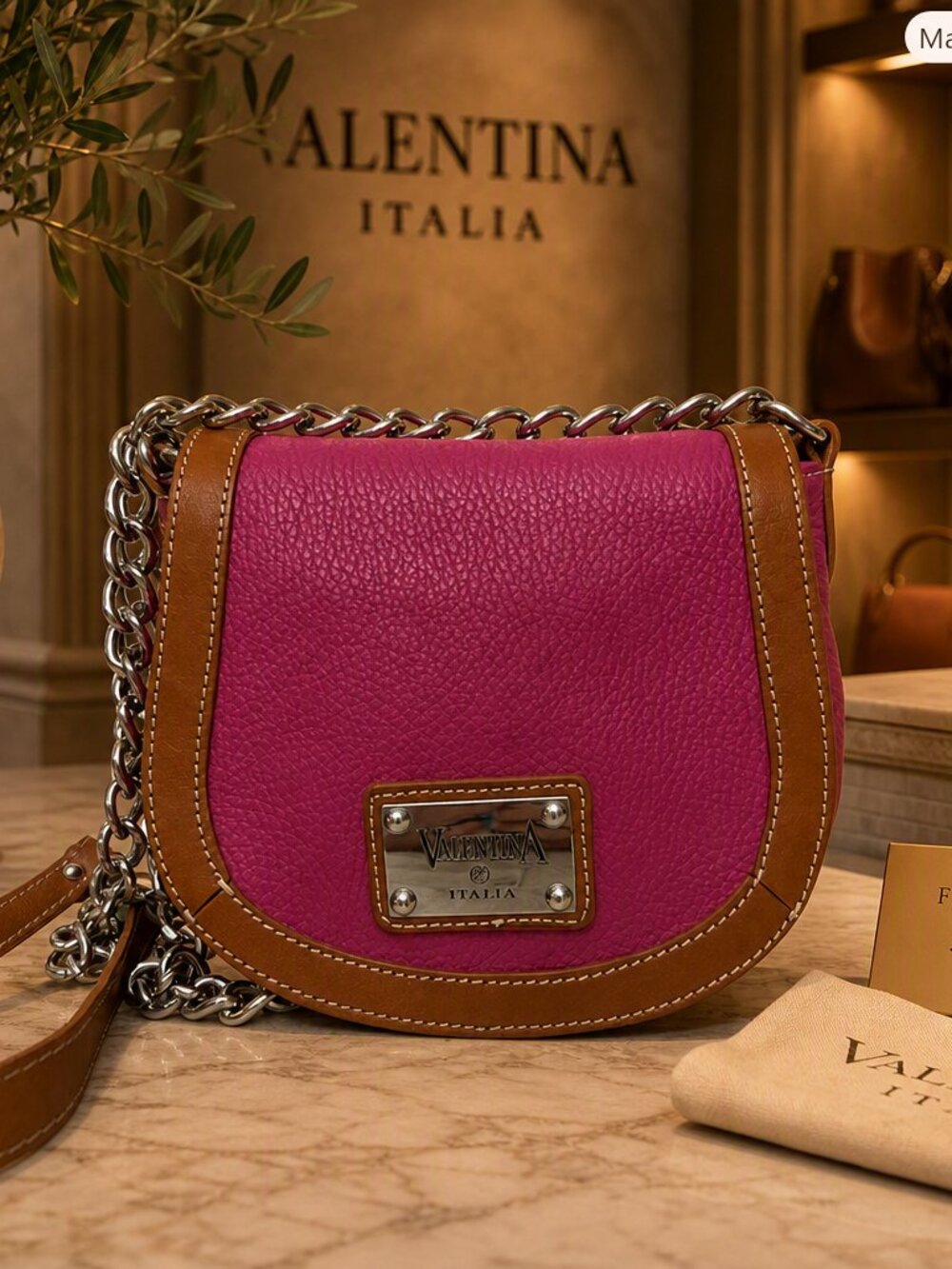 Valentina Italia Pink Leather Chain Crossbody Bag